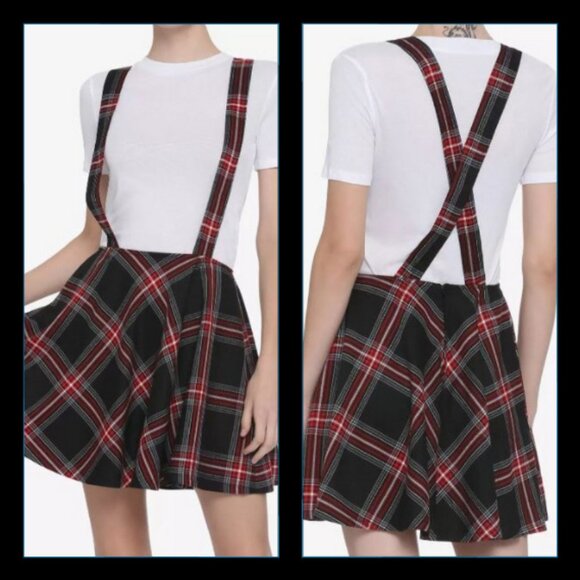 Hot Topic Suspender Skirt Small Red Black Plaid Removable Suspenders Twee Punk - Picture 2 of 9